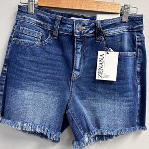 MID RISE DARK WASH RAW FRAYED HEM DENIM SHORTS